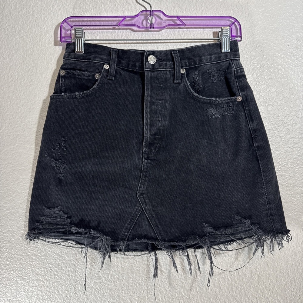 AGOLDE‎ Black Distressed Denim Mini Skirt Size 26 Whimsigoth Gothic Western